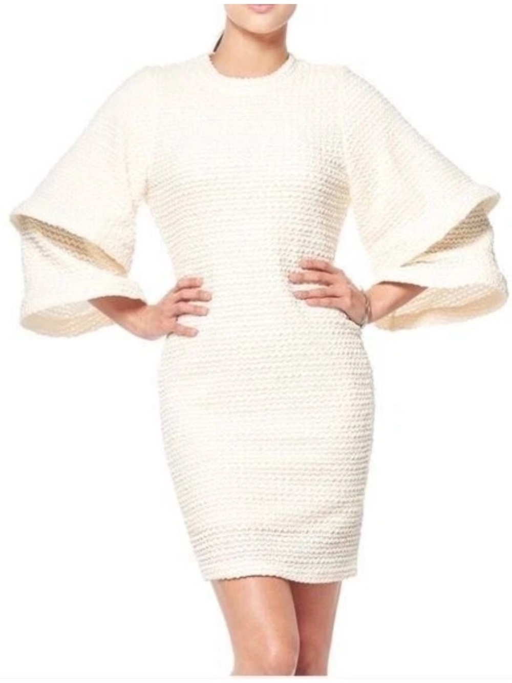 Gracia Off White Layered Bell Sleeve Midi Dress S